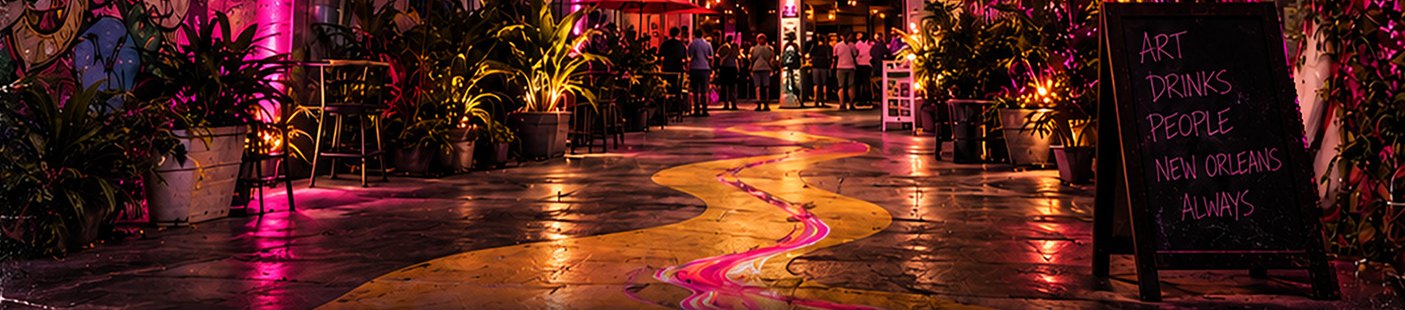 Detail of the poster artwork: a lantern-lit courtyard with pink light, potted palms and a chalkboard sign reading Art, Drinks, People, NewOrleans, Always.